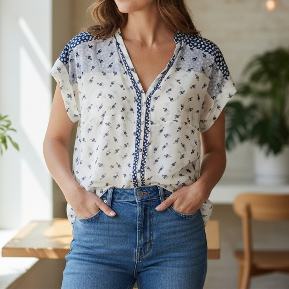 Melissa Nepton Swan Print Sheer Blouse XS White Blue Cap Sleeve Lightweight Top